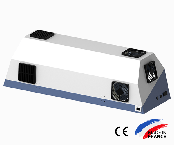 Purificateur d’air qui permet de traiter de gros volumes d’air : de 500m3 à 800m3 d’air par heure.